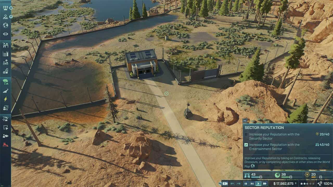 An empty carnivore enclosure in Jurassic World Evolution 3 